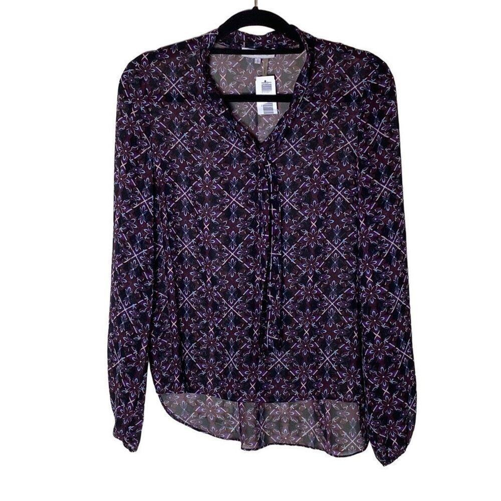 1. State Women's Floral Lantern Sleeve Double-Lined Semi-Sheer Top Purple S NWT